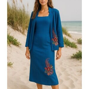 Vintage Dana Kay Linen Rayon 10 Blue Embroidered Dress & Jacket Set Boho Bright